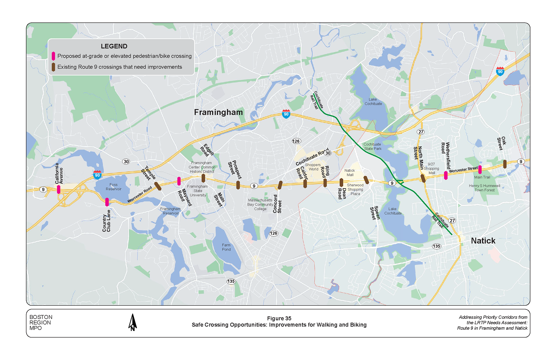 Figure 35 shows locations where people can cross Route 9 and locations where additional crossings should be considered